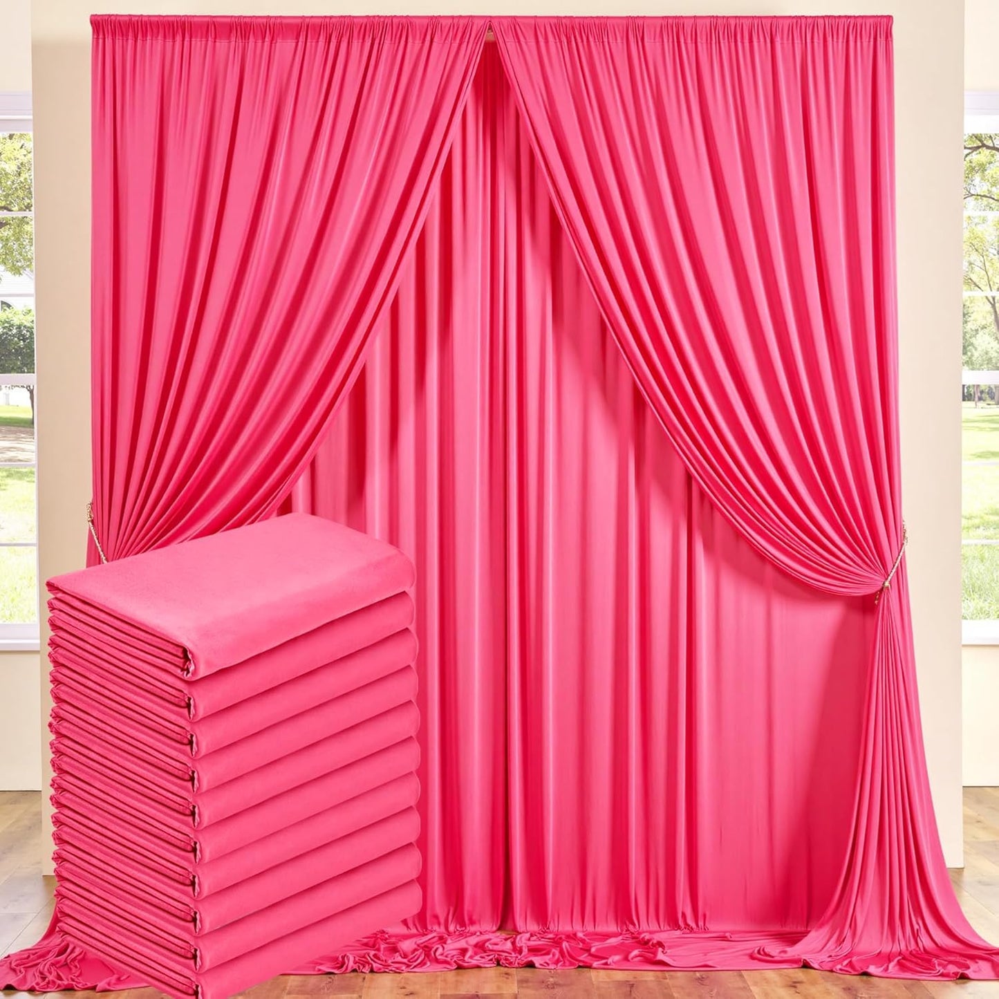 50 ft x 10 ft Wrinkle Free Fuchsia Backdrop Curtain for Parties, 10Panels Polyester Hot Pink Photo Backdrop Drapes for Wedding Birthday Party Baby Shower
