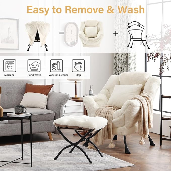 Lazy Chair with Ottoman, Large Lvory Accent Chair with Ottoman and FA Throw - Image 6