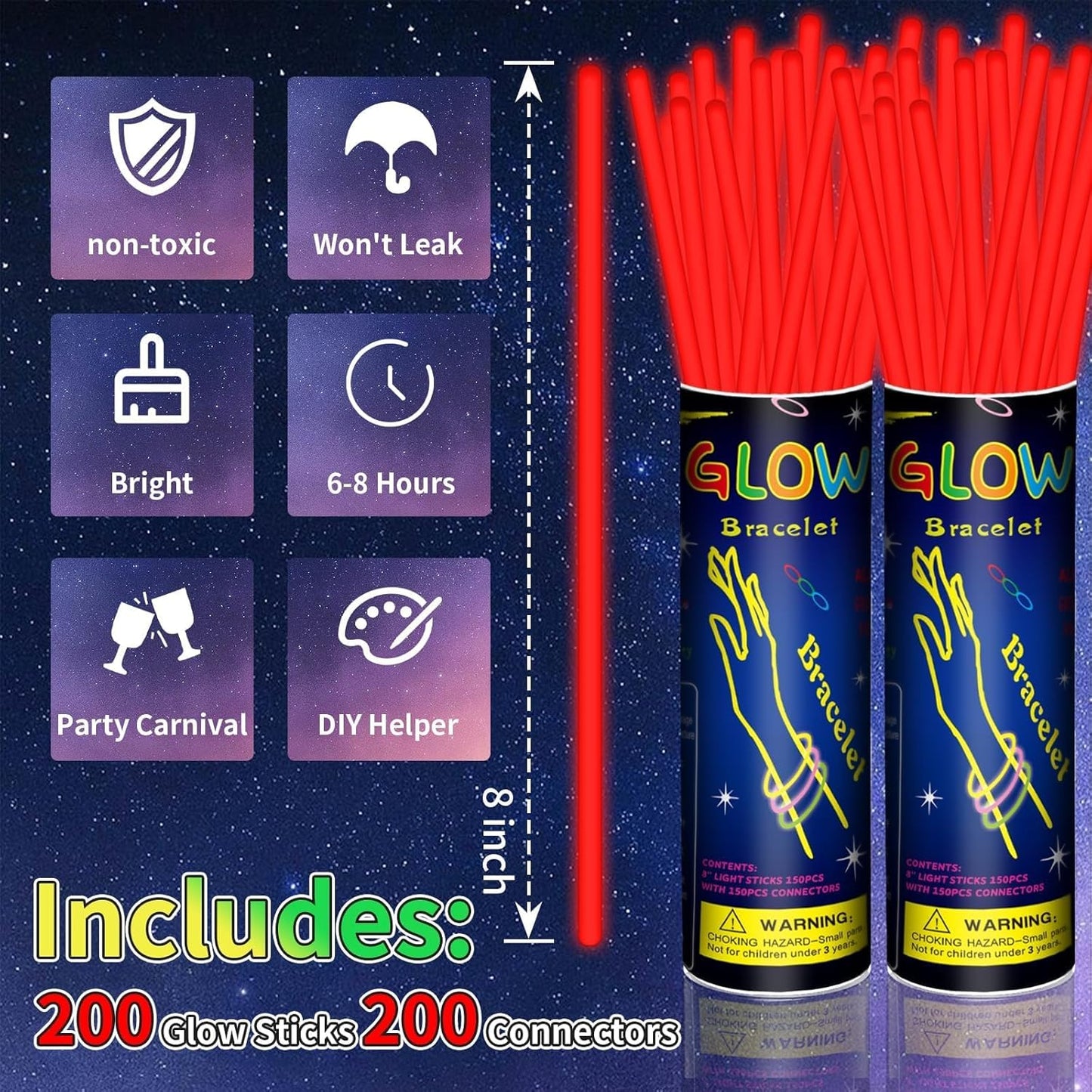 200 Pack 8'' Glow Sticks Bulk Party Favors Red Light Up Sticks with Connectors Neon Glow in the Dark Party Supplies Bracelets for Holiday Birthday Party Decoration (Red)