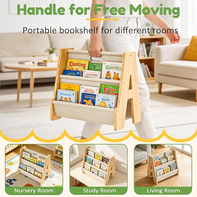 XiaZ Kids Bookshelf Wooden Montessori Toddler Bookshelf Solid Pine A-Frame - Image 3