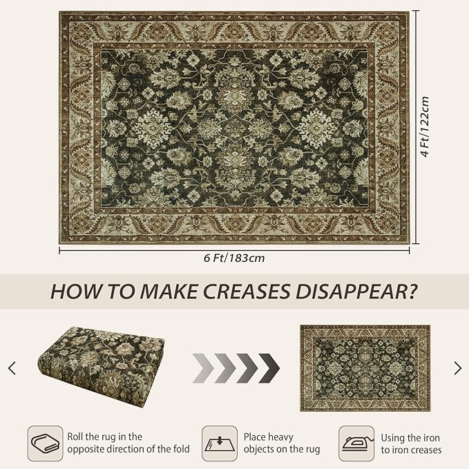 Area Rugs for Living Room, 4x6 Washable Rugs for Bedroom, Non-Slip Retro Floral - Image 2