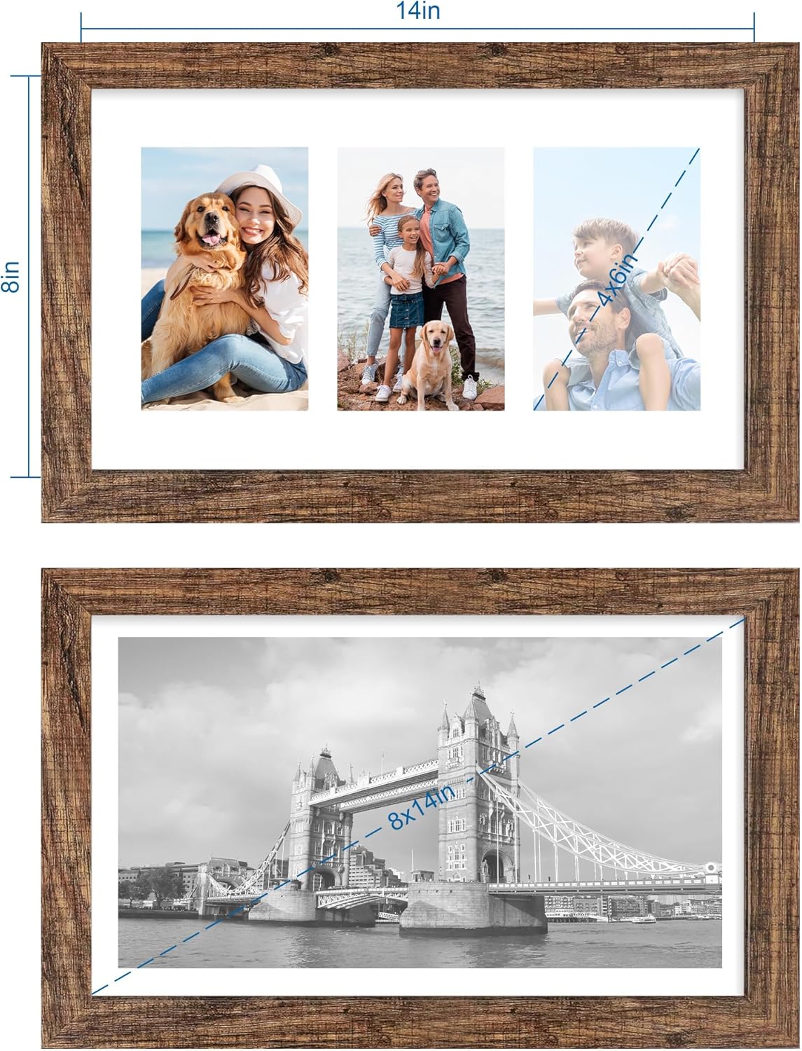 8x14 Picture Frame Set of 2, Rustic Brown Wood Frame with Glass Collage Frame, Display Pictures 3-4x6 With Mat or 8 x 14 Without Mat - Horizontal or Vertical Wall Mounting