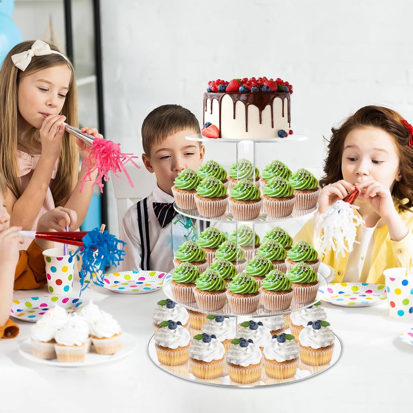 Cupcake Stand, 4 Tier Cupcake Stand for 50 Cupcakes, Round Tiered Cupcake Tower, Clear Acrylic Cupcake Holder, Dessert Stands for Party, Wedding, Birthday, Baby Shower, Halloween