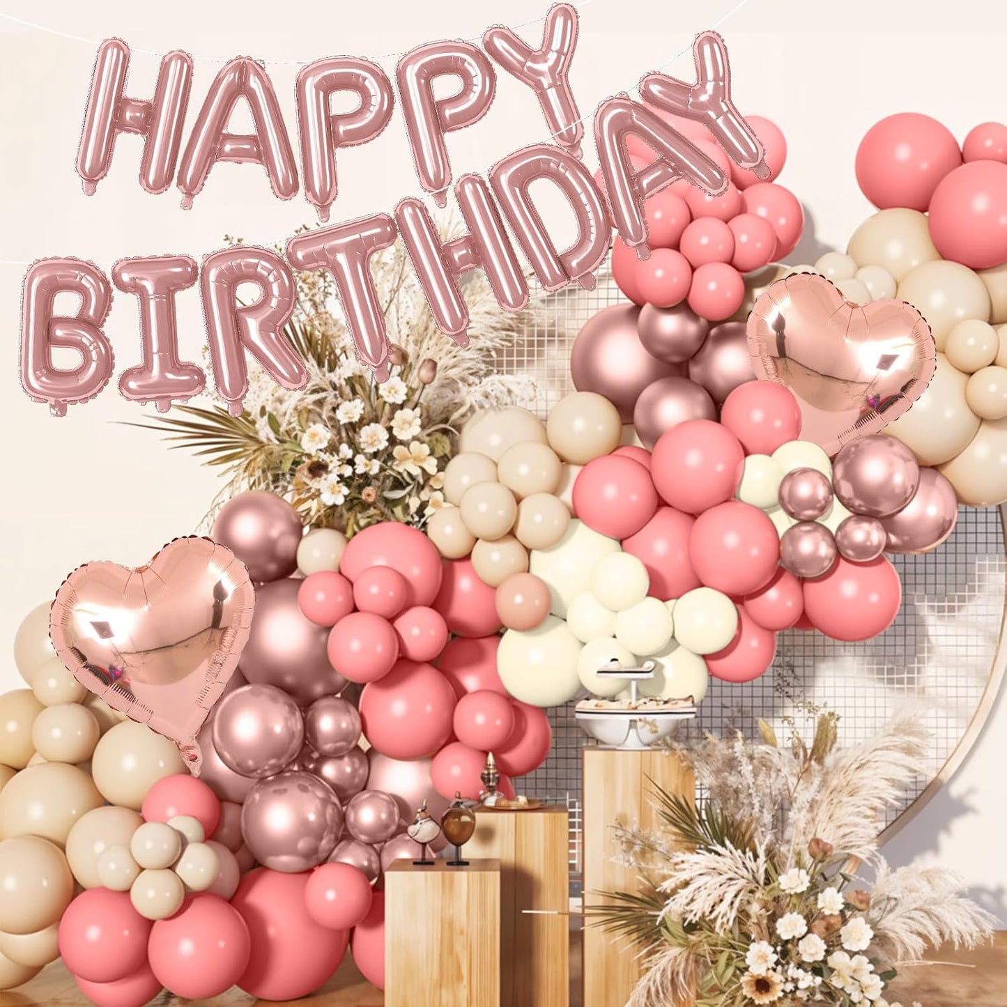 Happy Birthday Balloon Banner Rose Gold, 16 Inch Mylar Letters Rose Gold Heart Foil Balloons Dusty Blush Pink Nude Metallic Ivory Balloons Boho Neutral Birthday Decorations for Girls Women