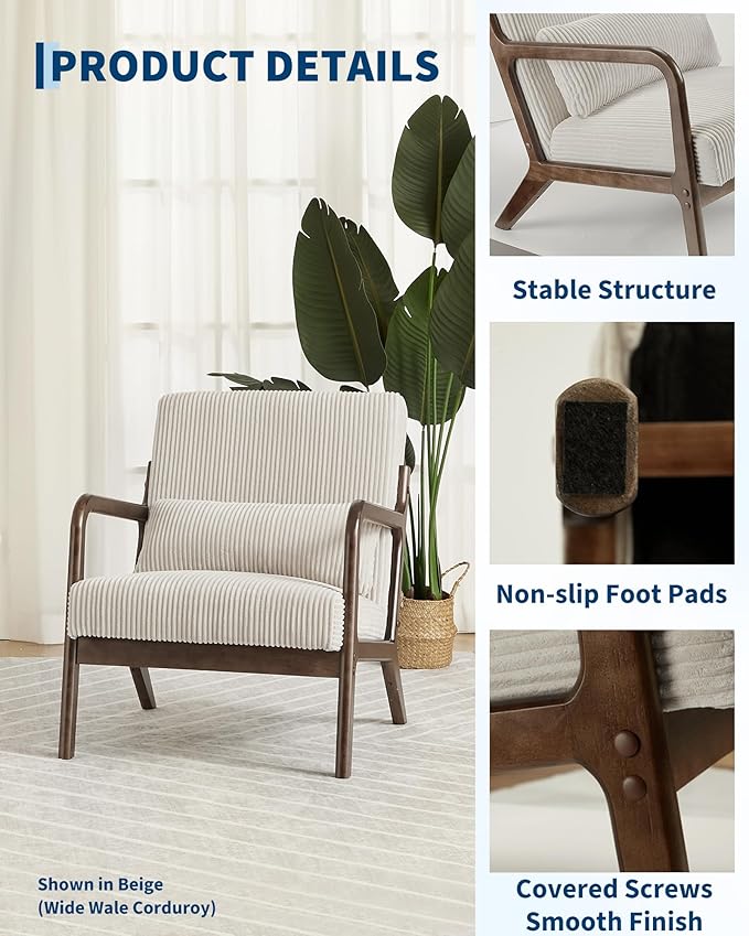 Garvee Mid-Century Modern Accent Chair, Sherpa Upholstery, Solid Wood Armchair - Image 4