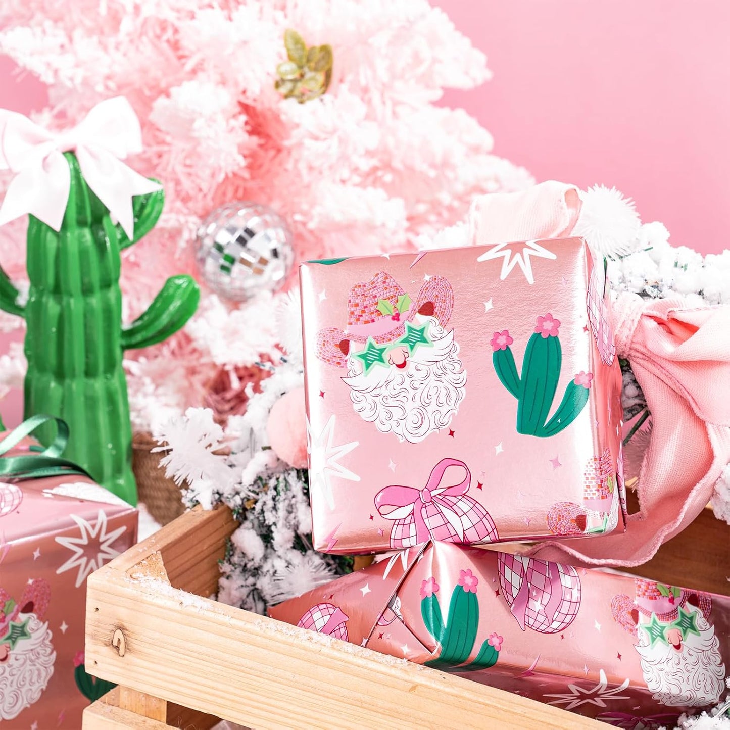 LeZakaa Pink Christmas Wrapping Paper Roll for Girls Women, Santa Disco Ball Cactus Design, Rose Gold Foil Western CowGirls Holiday Gift Wrap, Mini Roll 17 in x 16.4 Ft