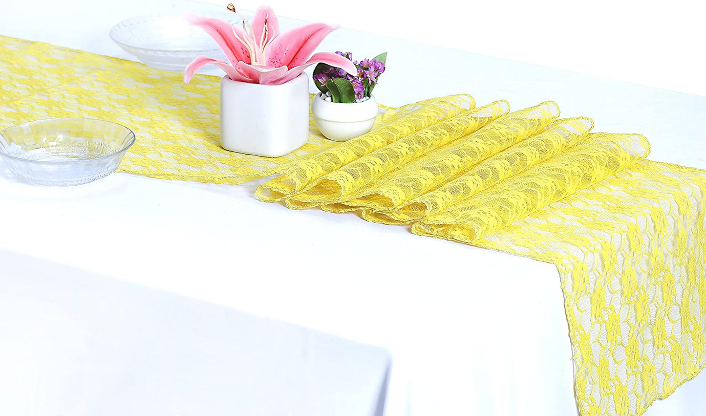 MDS Pack of 10 Wedding 12 x 108 inches Lace Table Runner for Wedding, Decorations for Birthday Parties, Banquets, Graduations, Engagements, and Runners fit Rectangle, Round Table- Yellow