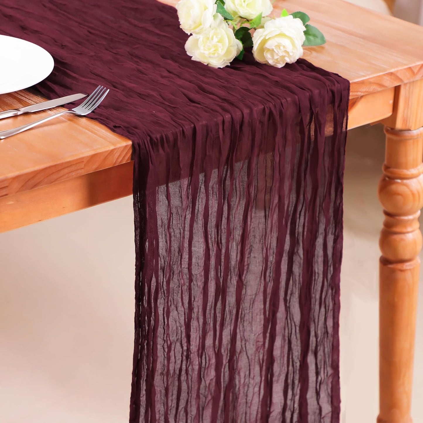 Snowkingdom 10 Ft Burgundy Red Fall Thanksgiving Cheesecloth Table Runner, Cheese Cloth Boho Rustic Gauze Runner for Wedding Bridal Baby Shower Birthday Christmas Sheer Home Table Decorations
