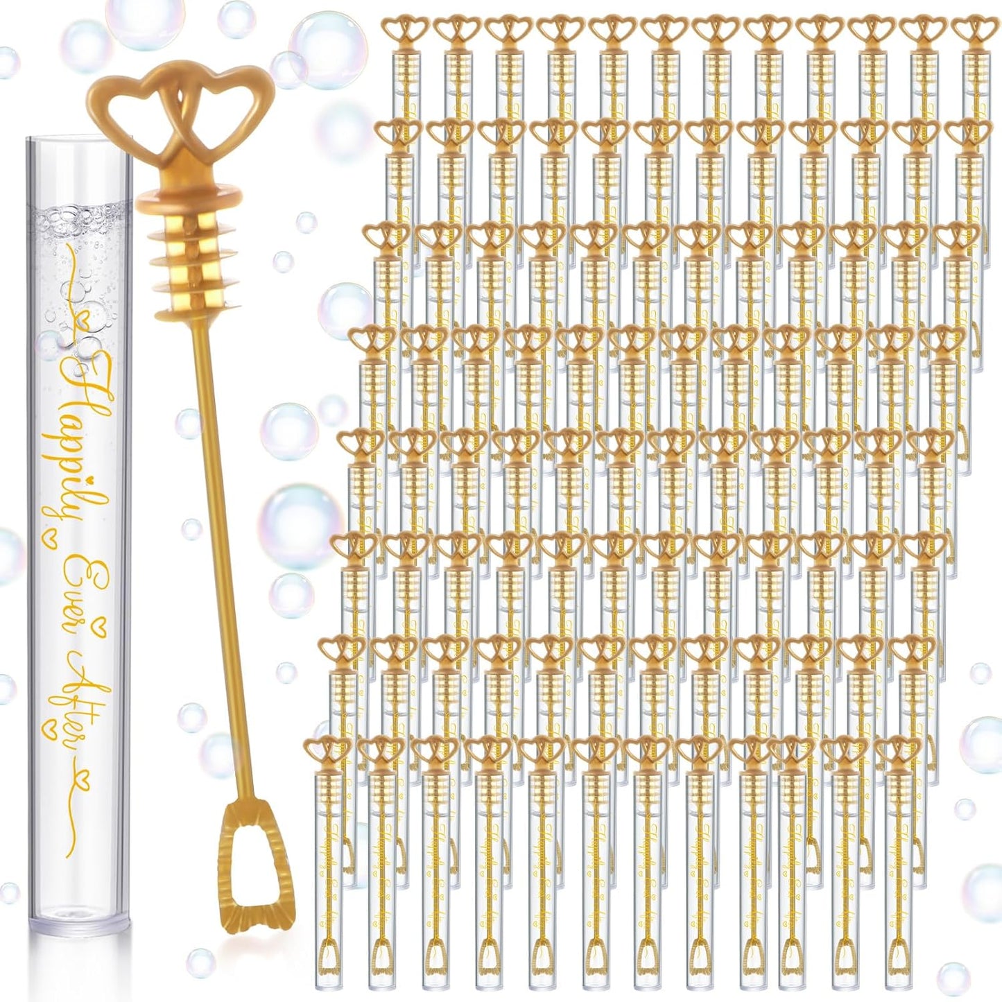 150 Pcs Bubble Wands Bulk for Wedding Party Mini Heart Wand with Bubble Solution for Wedding Bridal Showers Valentine Anniversary Graduation Birthday Supplies(Gold,Happy Ever After)