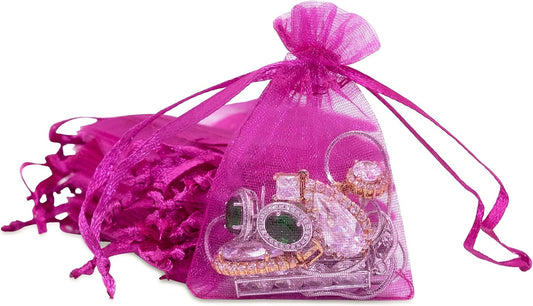 TheDisplayGuys 100-Pack XS 2 x 2 3/4" Hot Pink Sheer Organza Gift Bags with Drawstring, Jewelry Candy Treat Wedding Party Favors Mesh Pouch