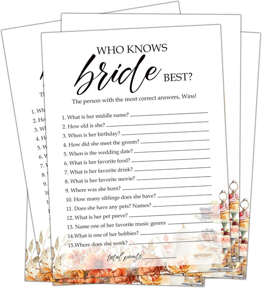 Fall Bridal Shower Games Cards, Who Knows Bride Best Wedding Bachelorette Party Games, Fall in Love Bridal Shower Decorations, 25 Cards, G07