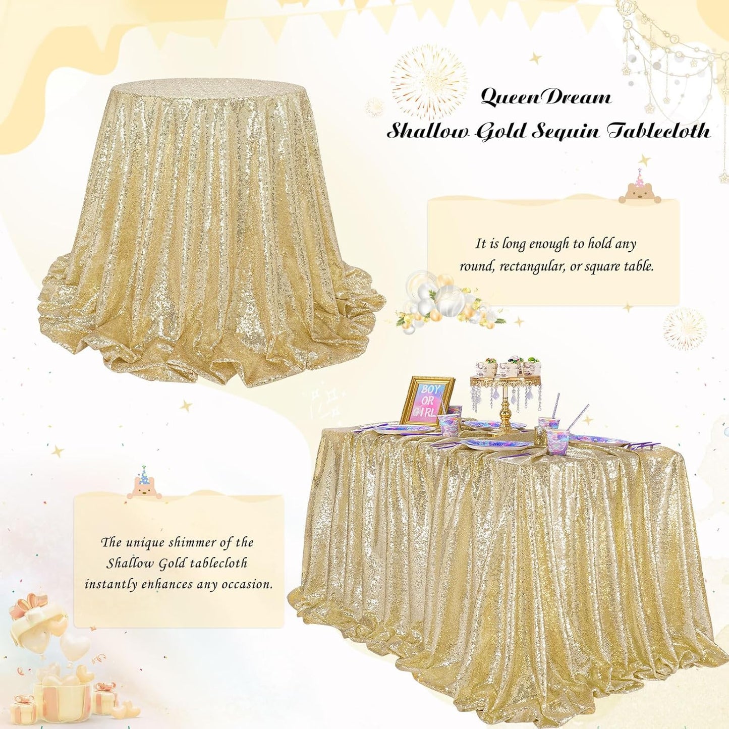 QueenDream Light Gold Sequin Decorative Party Tablecloth: Large Shimmer Dessert Table Overlay 90x132 Inch Dinner Table Drapes Cocktail Xmas Decor