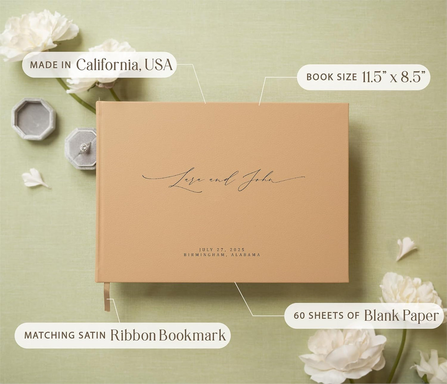 MUUJEE Personalized Guestbook in Tan - Premium Tan Leatherette Custom Modern Guest Book for Wedding Reception, Birthday Party or Events w/Bookmark Blank Pages for Signing, Large 11.5 x 8.5 inches