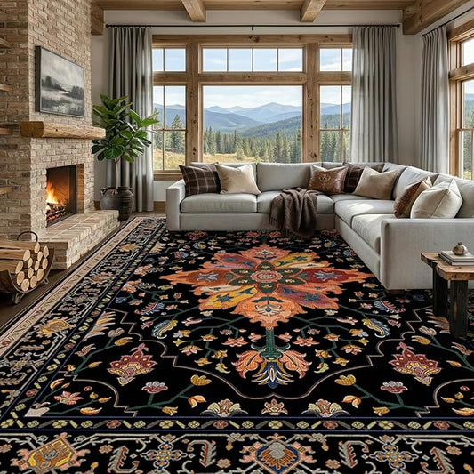 RELEANY Area Rugs 10'x14' Washable Non-Slip, Floral Vintage Distress Print by RELEANY