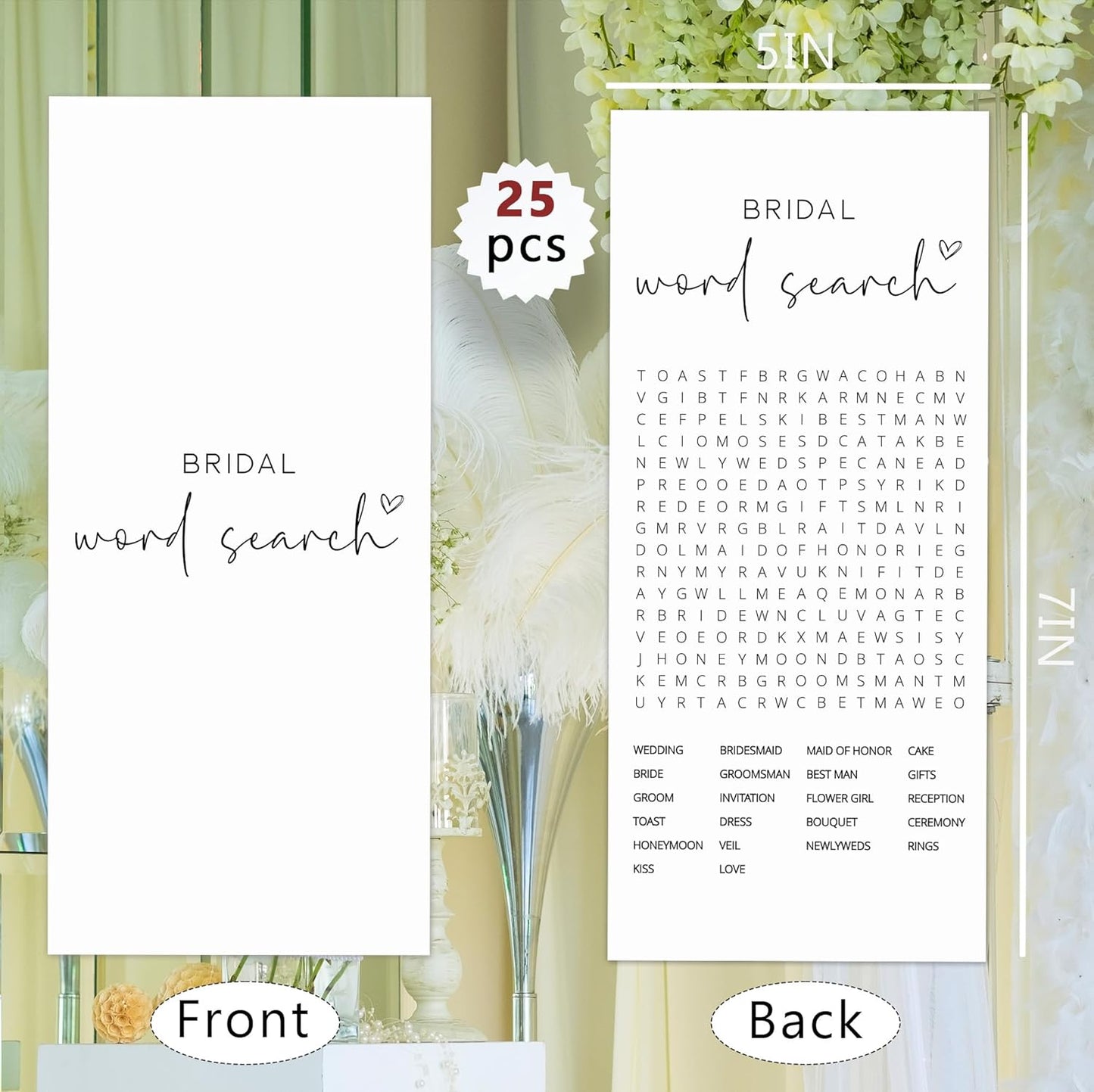 Bridal Shower Games, Word Search, 25Pcs 4x9inch Minimalist White Double-Sided Bridal Game Cards with 1 Answer Key, Wedding Shower Games for Guests, Engagement Bachelorette Party Supplies - A05