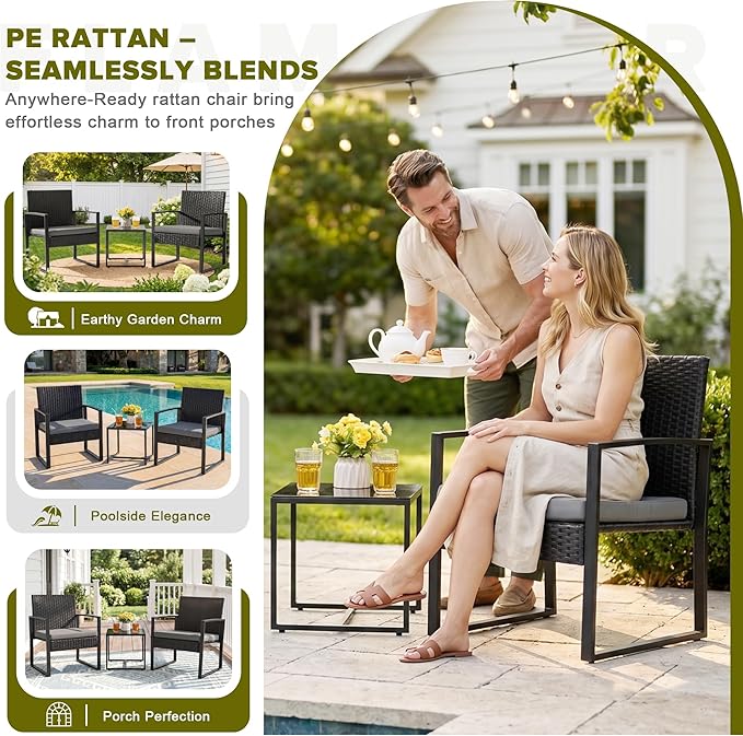 Flamaker 3 Pieces Patio Set Outdoor Wicker Furniture Modern Bistro Rattan Chair - Image 3