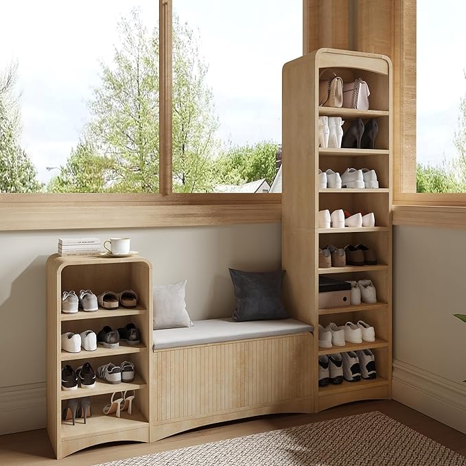 Shoe Cabinet with Bench, L-Shaped Shoe Storage Cabinet, Wood Tall Shoe Rack - Image 7