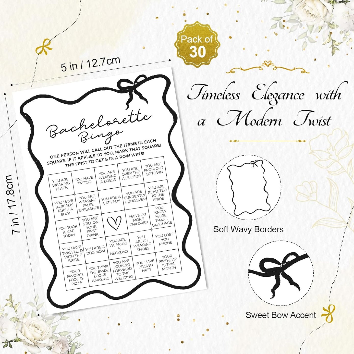 DEEKA 30 PCS Bridal Shower Games Card for 30 Guests Black Wavy Border Ribbon Bow Funny Wedding Bachelorette Party Games for Reception (Bachelorette Bingo)