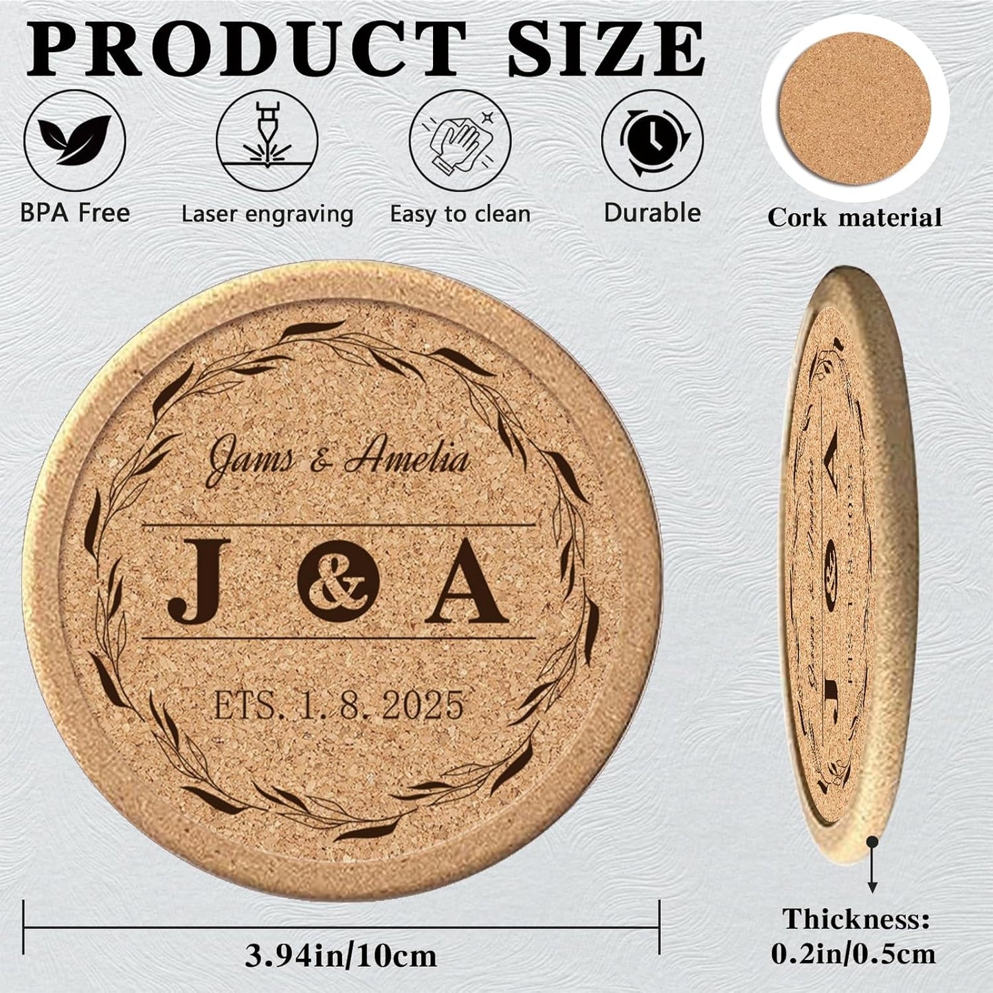 Custom Coasters Personalized Cork Coasters Bulk with Logo Wedding Personalized Cork Natural Wood Engraved Drink for Wedding Favors (Cork Coasters - Circle)