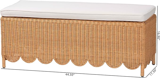 Bali & pari Teresa Bohemian Light Honey Scalloped Rattan Ottoman Bench - Image 3