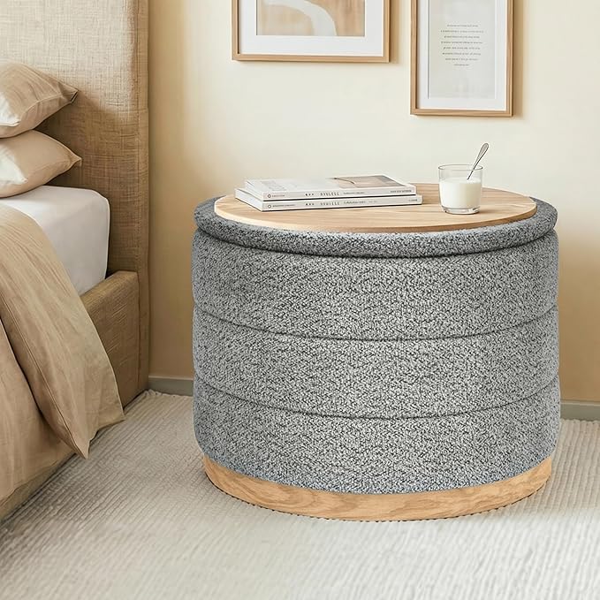 Round Storage Ottoman with Tray Lid, Folding Chenille Fabric Footrest with - Image 2