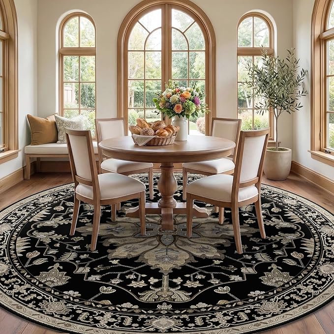 RELEANY Area Rugs Round 8ft Washable Non-Slip, Floral Vintage Distress Print - Image 2