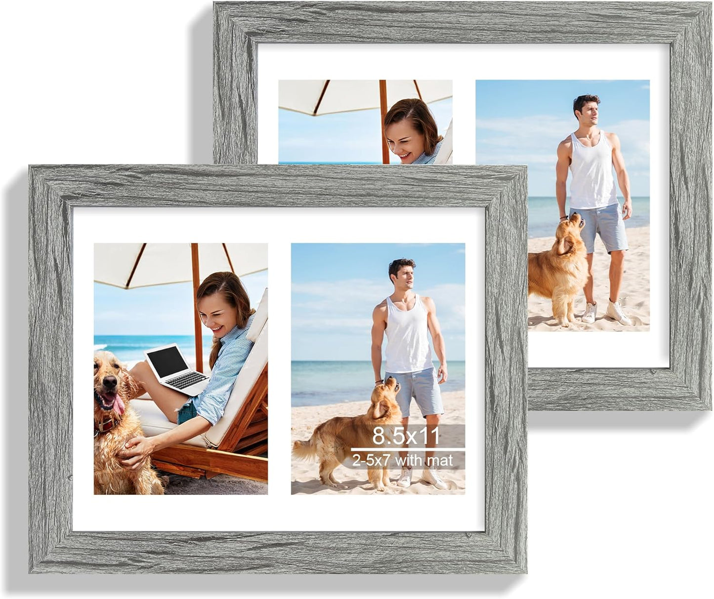 8.5x11 Picture Frame Set of 2, Gray Certificate Document Frames with Glass Collage Frame, Display Pictures Two 5x7 With Mat or 8.5 x 11 Without Mat - Horizontal or Vertical Wall Mounting