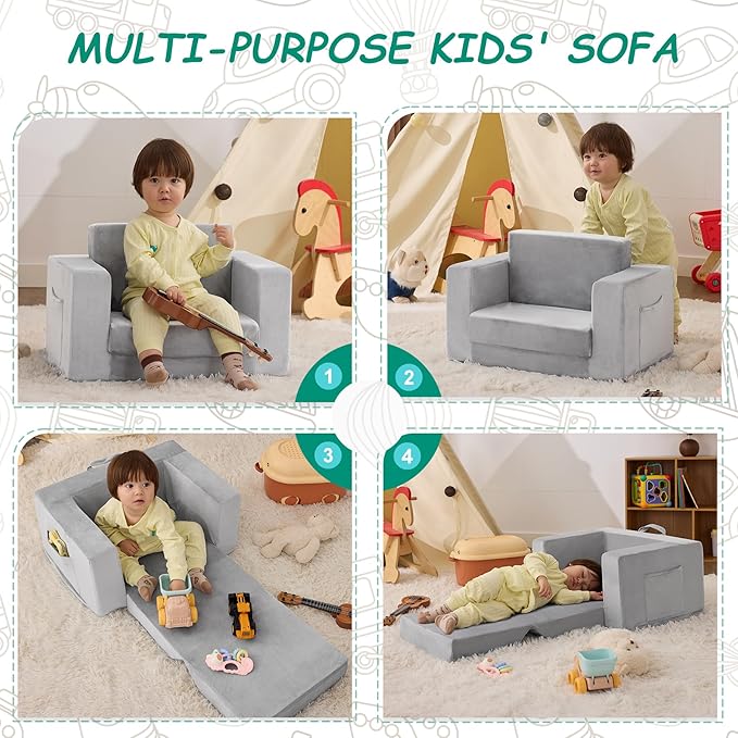 Kids Couch, 2-in-1 Toddler Chair Comfy 1-3 Years Old, Convertible Kids Chair - Image 6