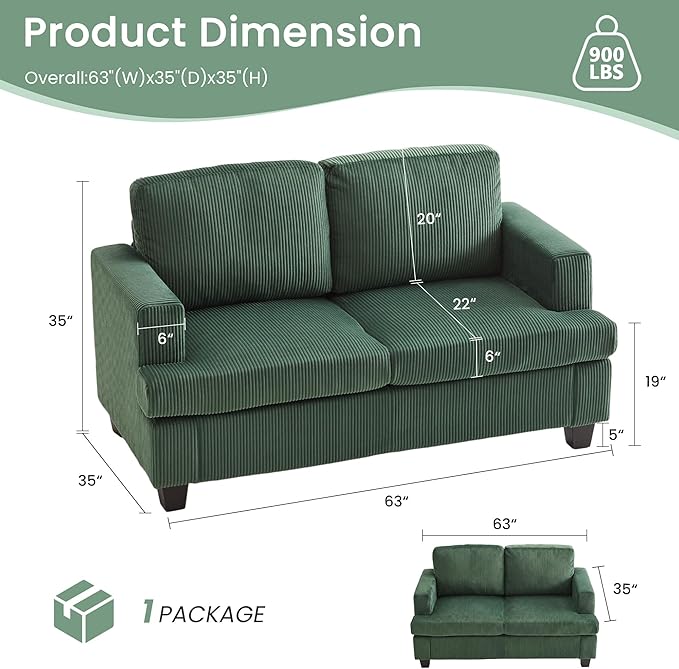 YOUDENOVA Sofa, 63” Comfy Loveseat Sofa - Image 2