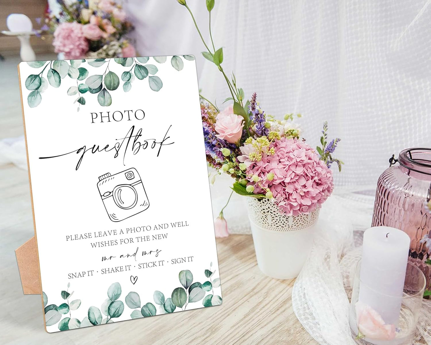 Photo Guestbook Sign, Greenery Wedding Ceremony, Pack of 1 Wooden Tabletop Sign with Stand, Wedding Supplies, Engagement and Reception Decorations - LD24