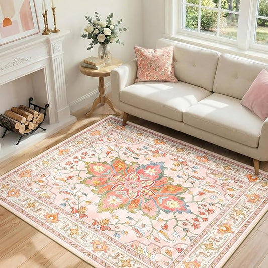 RELEANY Area Rugs 4'x5' Washable Non-Slip, Floral Vintage Distress Print by RELEANY
