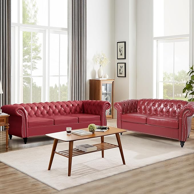 AVZEAR Chesterfield Leather Sofa 3 Seater Couch, Mid-Century Large Sofa Roll - Image 6