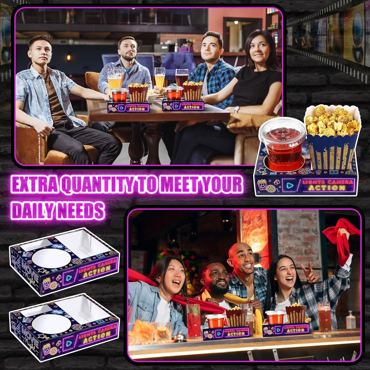 Faccito 36 Pcs Movie Night Snack Trays Movie Theater Snack Boxes Night Supply Disposable Paper Holder Tray for Popcorn Food Candy Drink Party 8 x 6 Inch(Black Purple,Classic Style)