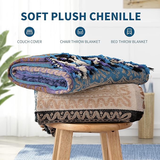 Boho Chair Cover Colorful Chenille Tassels Hippie Throw Blanket - Image 6