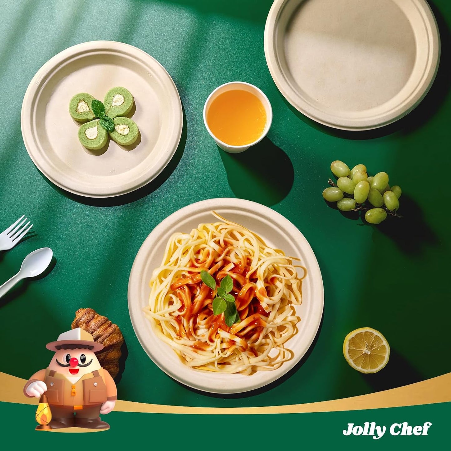 JOLLY CHEF Compostable Heavy Duty Plates 𝟭𝟬 𝗜𝗻𝗰𝗵 [𝟱𝟬𝟬 𝗣𝗮𝗰𝗸] Eco-Friendly Disposable Paper Plates Made of Bagasse Biodegradable Bulk for Party Dinner Sugarcane Fibers Round (Natural)