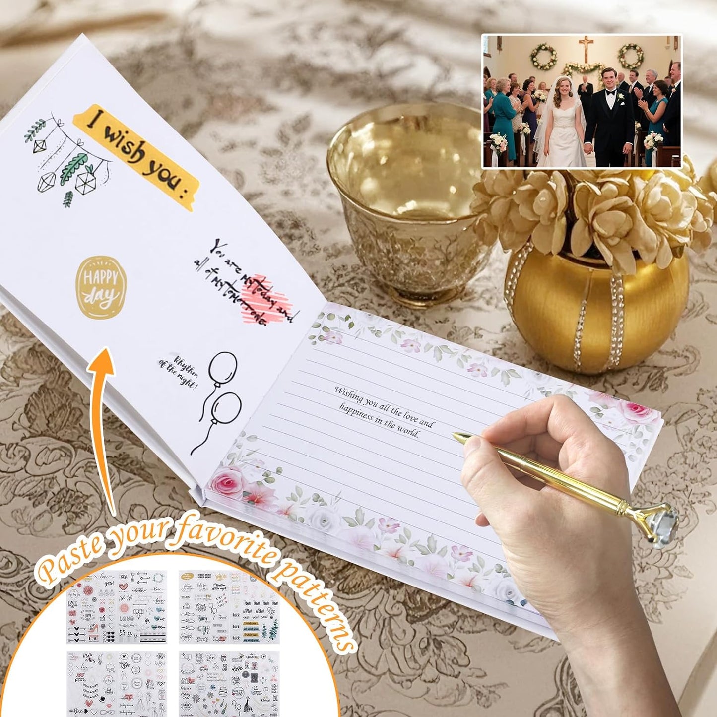 Wedding Guest Book,9x7''120 Page/60 Sheets Hardcover Personalized Wedding Guestbook Photo Album Sign in Book with Sign in Pen and Creative Stickers for Weddings,Baby Shower, Party Birthday,Graduation