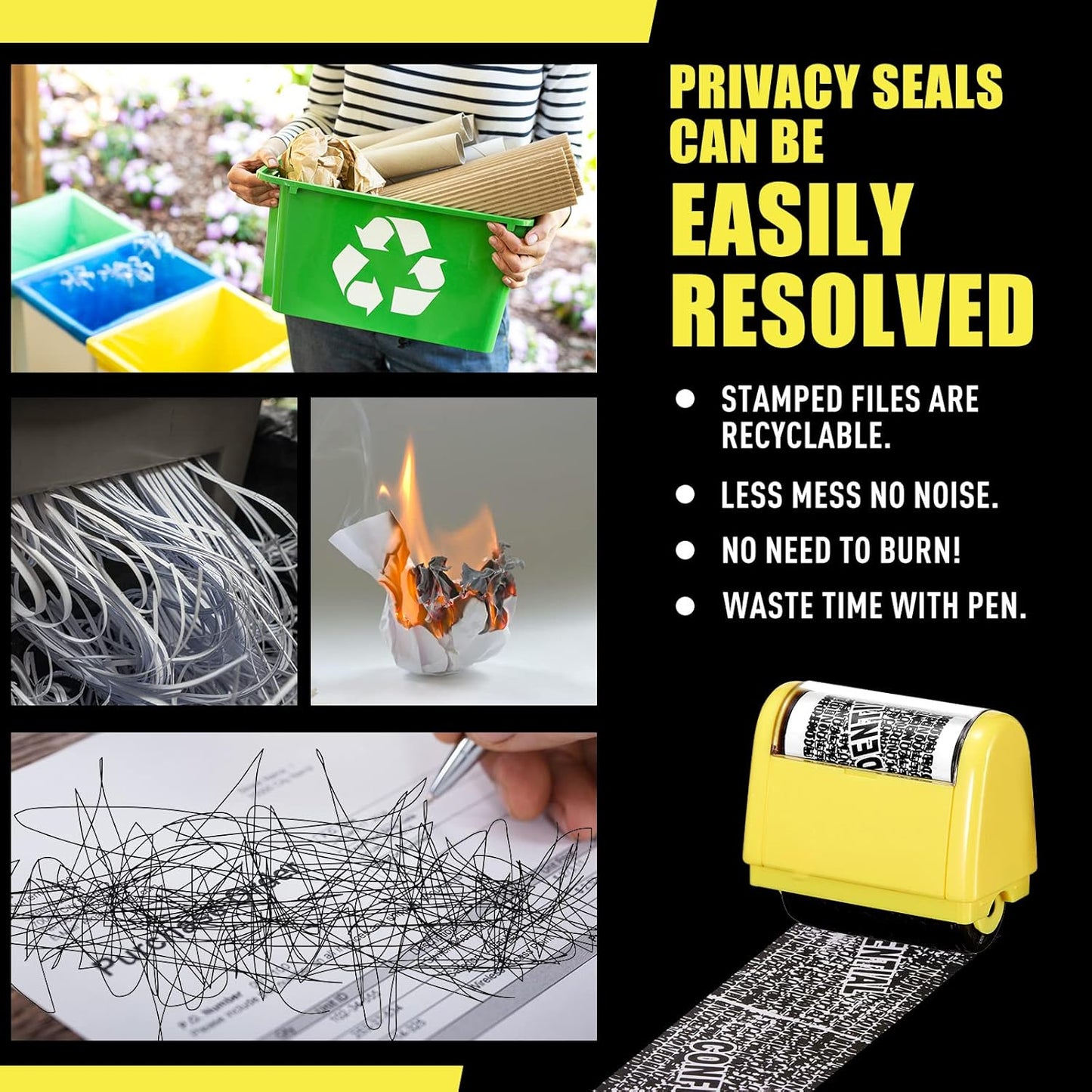 Mimorou 4 Pack Identity Theft Protection Roller Stamps Kit Confidential Privacy Roller Hidden Wide Privacy Stamp 5 Pcs Refills Security Ink for Mail Address Blocker(Yellow)