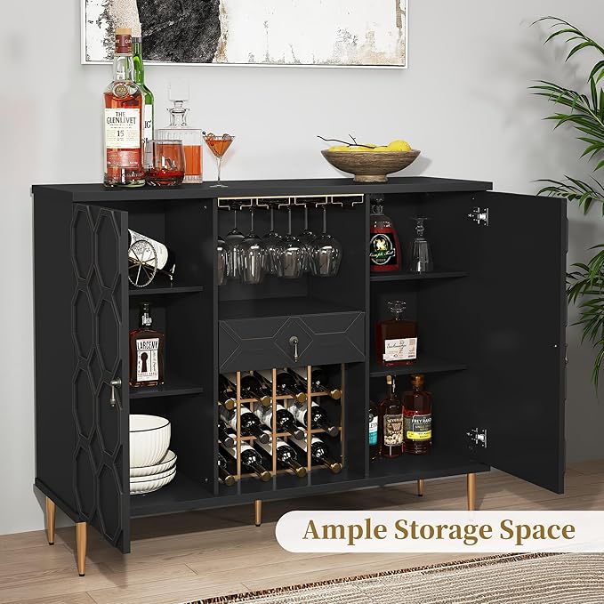 Modern Bar Cabinet with Drawer, Liquor Cabinet with Wine Glass Racks and Shelves - Image 3