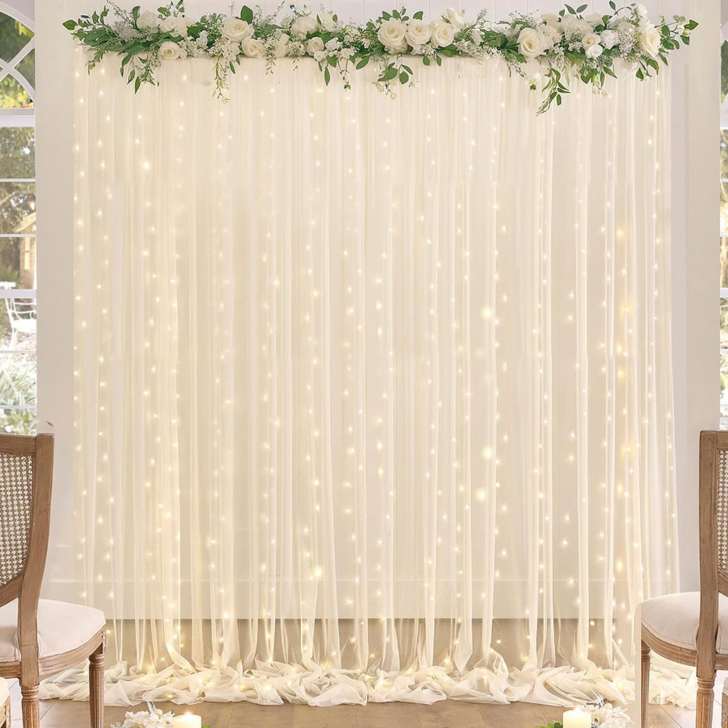 Champagne Backdrop Curtain with Lights String for Parites Wedding 20×8ft Sheer Tulle Backdrop Curtains for Bridal Shower Baby Shower Birthday Party Photo Shoot Background Decorations(4 Panels 5ft×8ft)