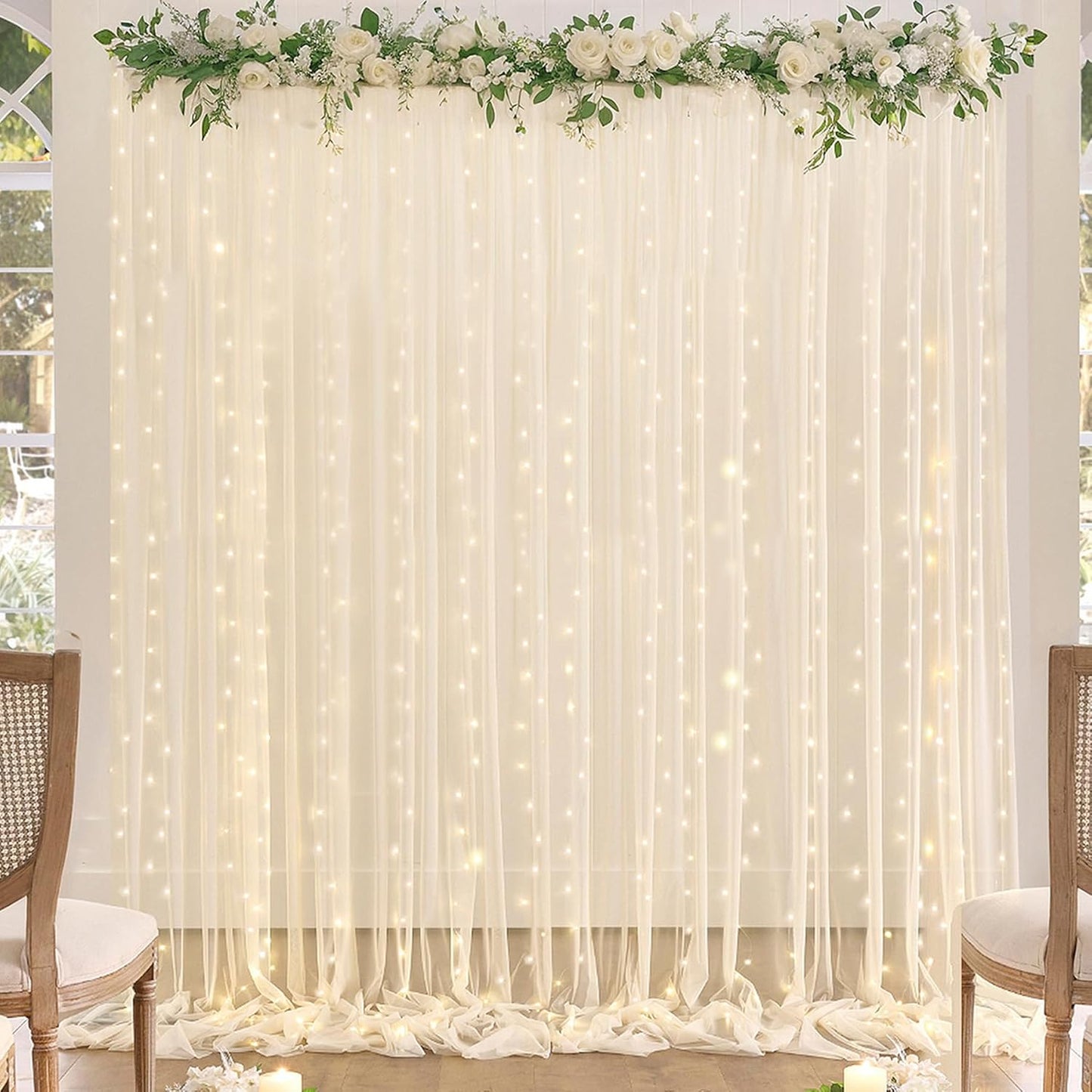 Champagne Backdrop Curtains with Lights String for Wedding Parties 10×10ft Sheer Tulle Backdrop Curtain for Bridal Shower Baby Shower Birthday Party Photo Shoot Decorations 2 Panels 5×10ft