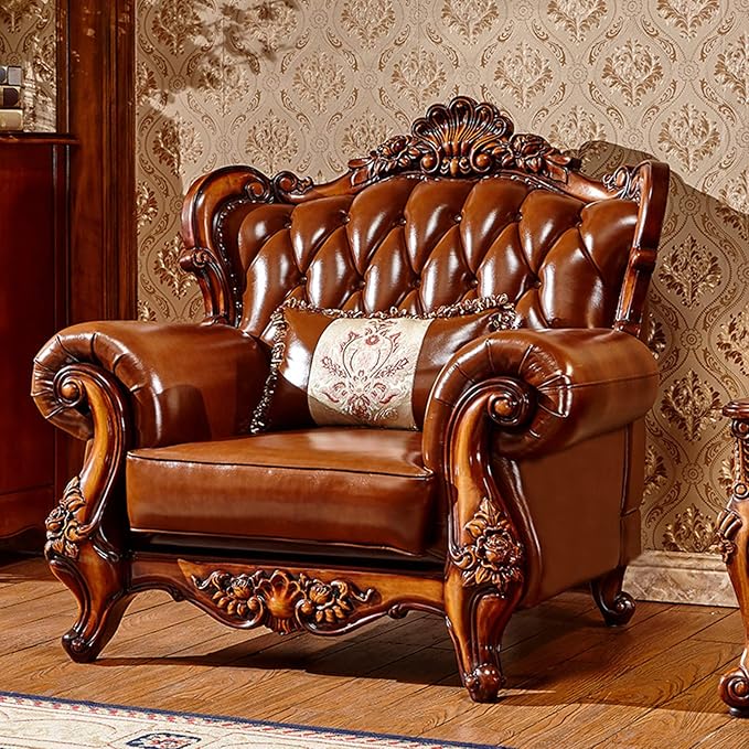 European-Style Leather Sofa, Solid Wood Carved High-end American-Style Sofa by Unknown