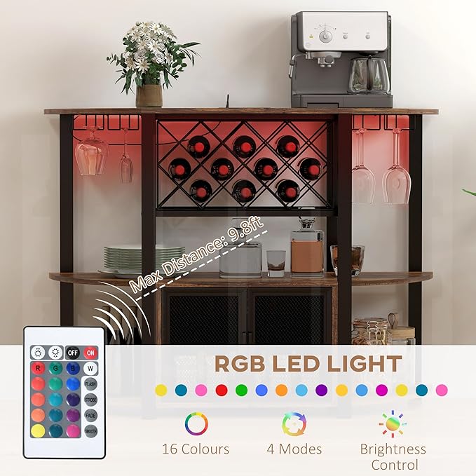 HOMCOM Wine Bar Cabinet with Charging Station and LED Lights, Industrial Liquor - Image 4