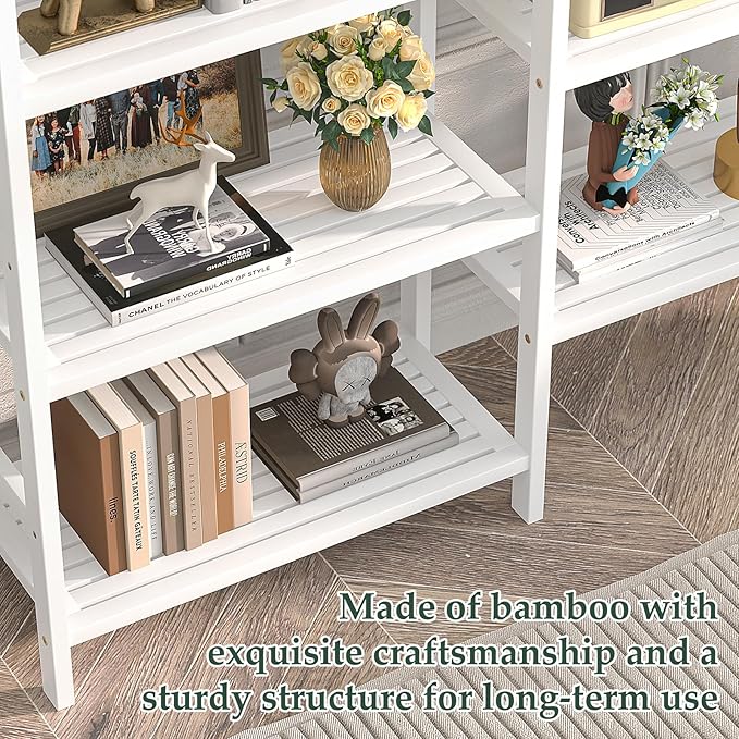 Homykic Double Wide Bamboo Bookshelf White, 6-Tier Large Open Bookcase - Image 9