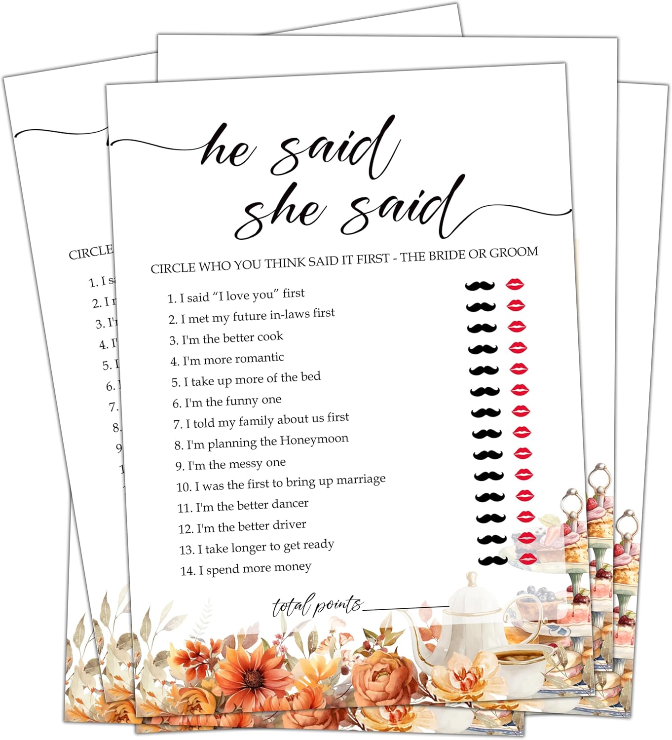 Fall Bridal Shower Games Cards, He Said She Said Wedding Bachelorette Party Games, Fall in Love Bridal Shower Decorations, 25 Cards, G03