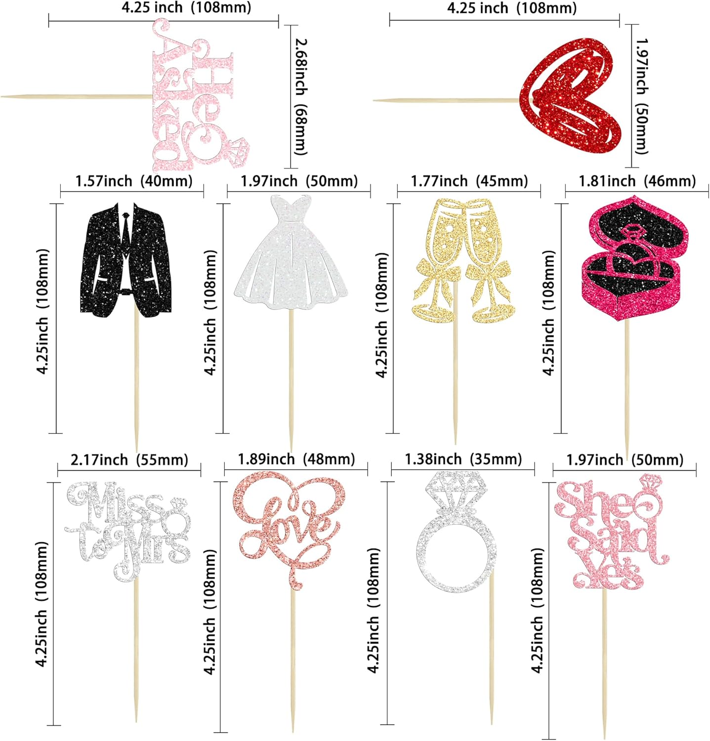 Gyufise 30Pcs She Said Yes Cupcake Toppers Glitter Diamond Ring I Do Love Cupcake Picks Miss to Mrs He Asked Bridal Shower Wedding Engagement Bachelorette Cake Decoration Multicolor