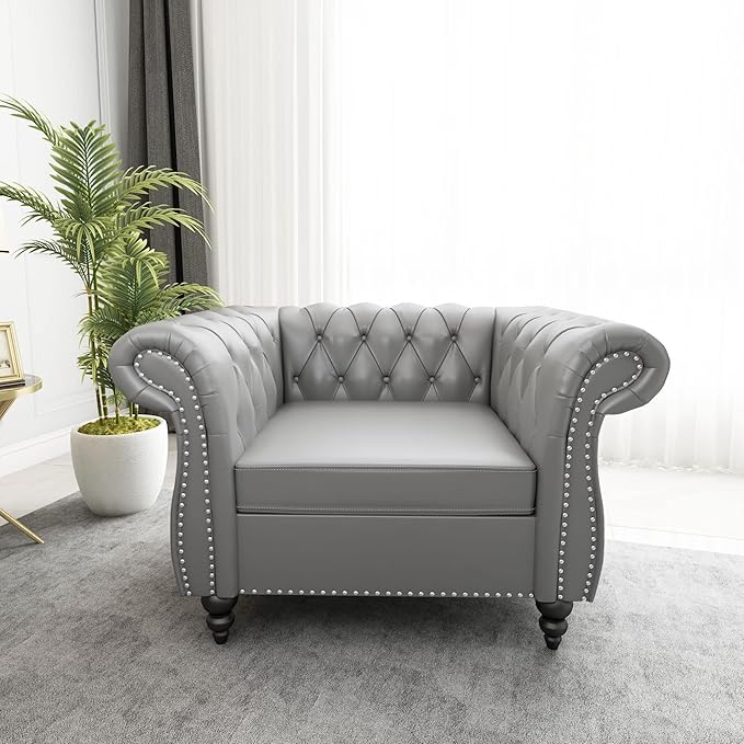 ORRD 2 Piece Living Room Set, Chesterfield Leather Sofa Couch Chair - Image 4