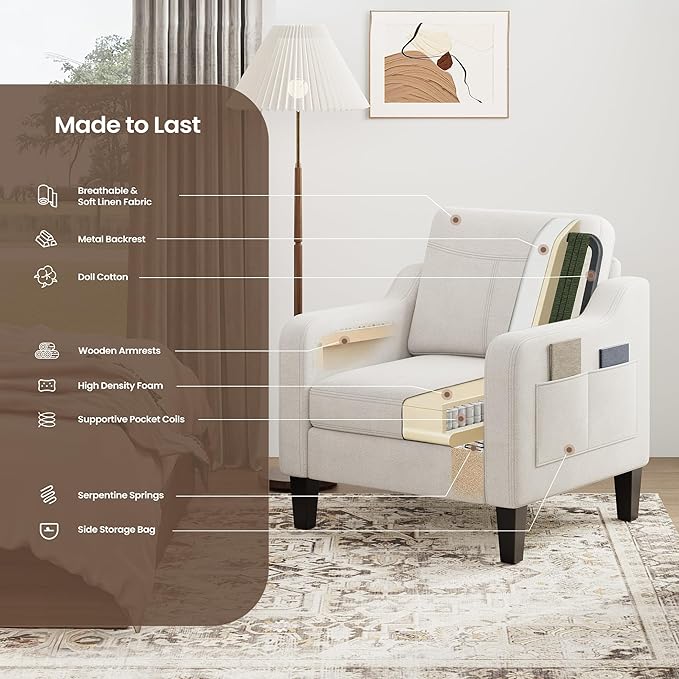 Accent Chair for Living Room Modern Linen Upholstered Armchair Side Wooden - Image 8