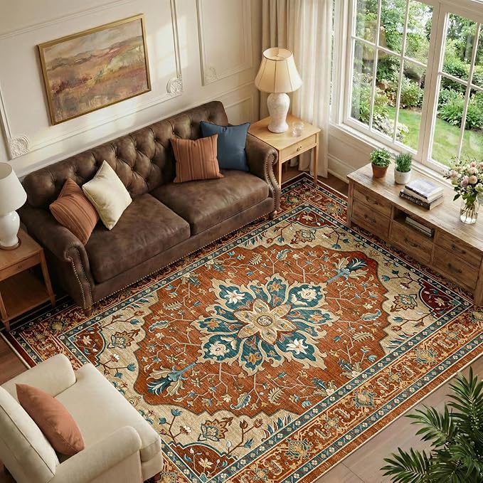 RELEANY Area Rugs 6'x9' Washable Non-Slip, Floral Vintage Distress Print by RELEANY
