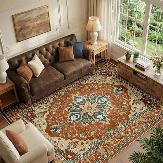 RELEANY Area Rugs 6'x9' Washable Non-Slip, Floral Vintage Distress Print by RELEANY