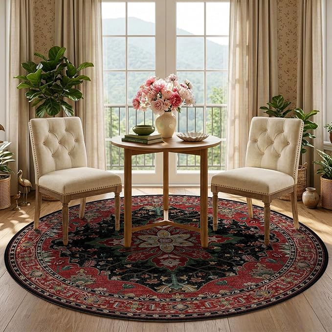 RELEANY Area Rugs Round 5ft Washable Non-Slip, Floral Vintage Distress Print - Image 2